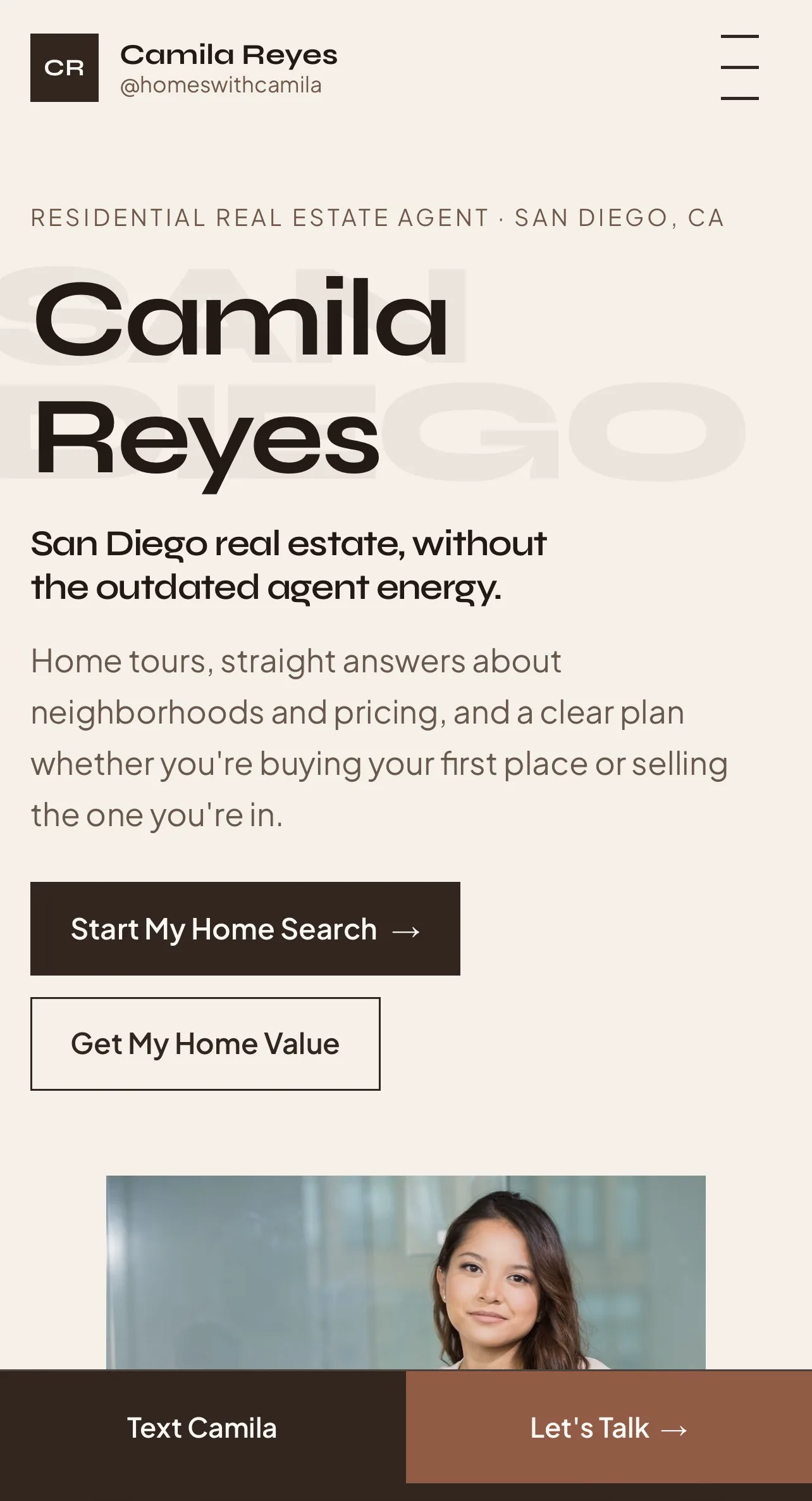 Mobile homepage concept for Camila Reyes, a social-first Realtor website